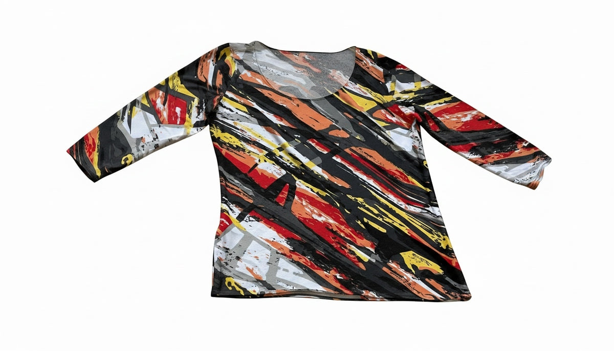 Ladies Orange Multi Abstract Scoop Neck Stretchy Quarter Sleeve Top