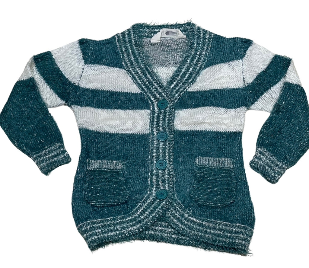Girls Green & White Soft Knitted Fluffy Marl Button Down Cardigan