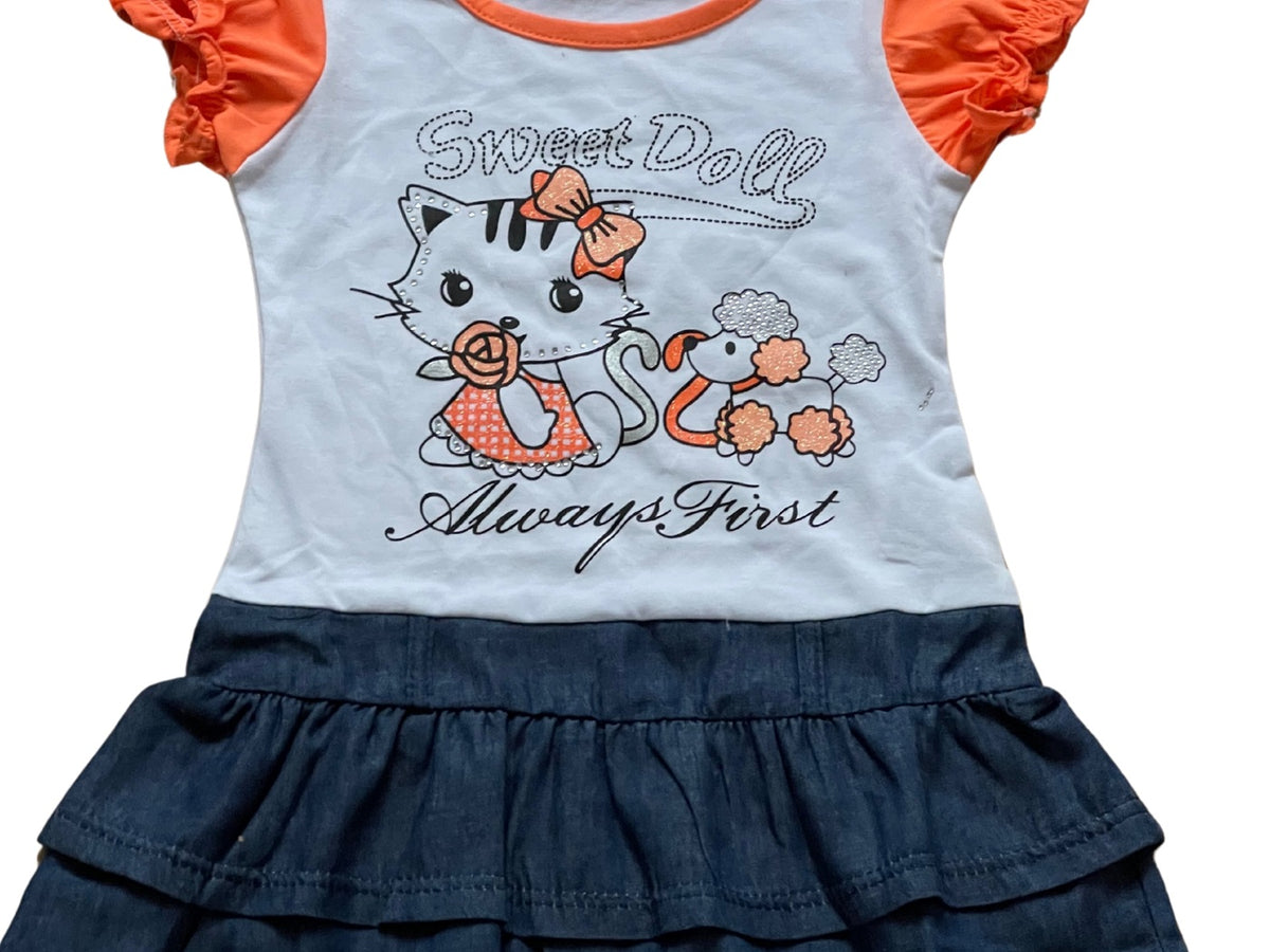Girls Orange & White Sweet Doll Print Layered Frill Hem Cap Sleeve + Belt Dress