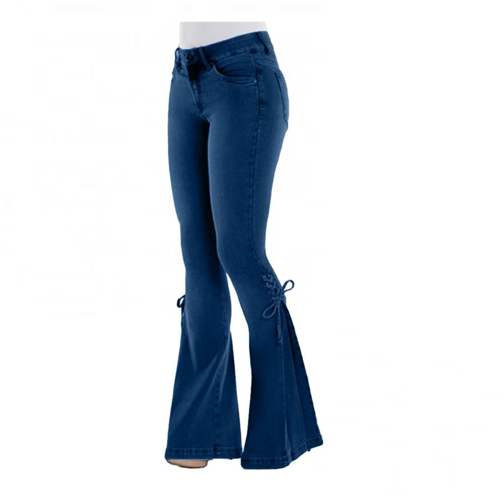 Ladies High Waist Stretchy Flare Hem Side Tie Jeans
