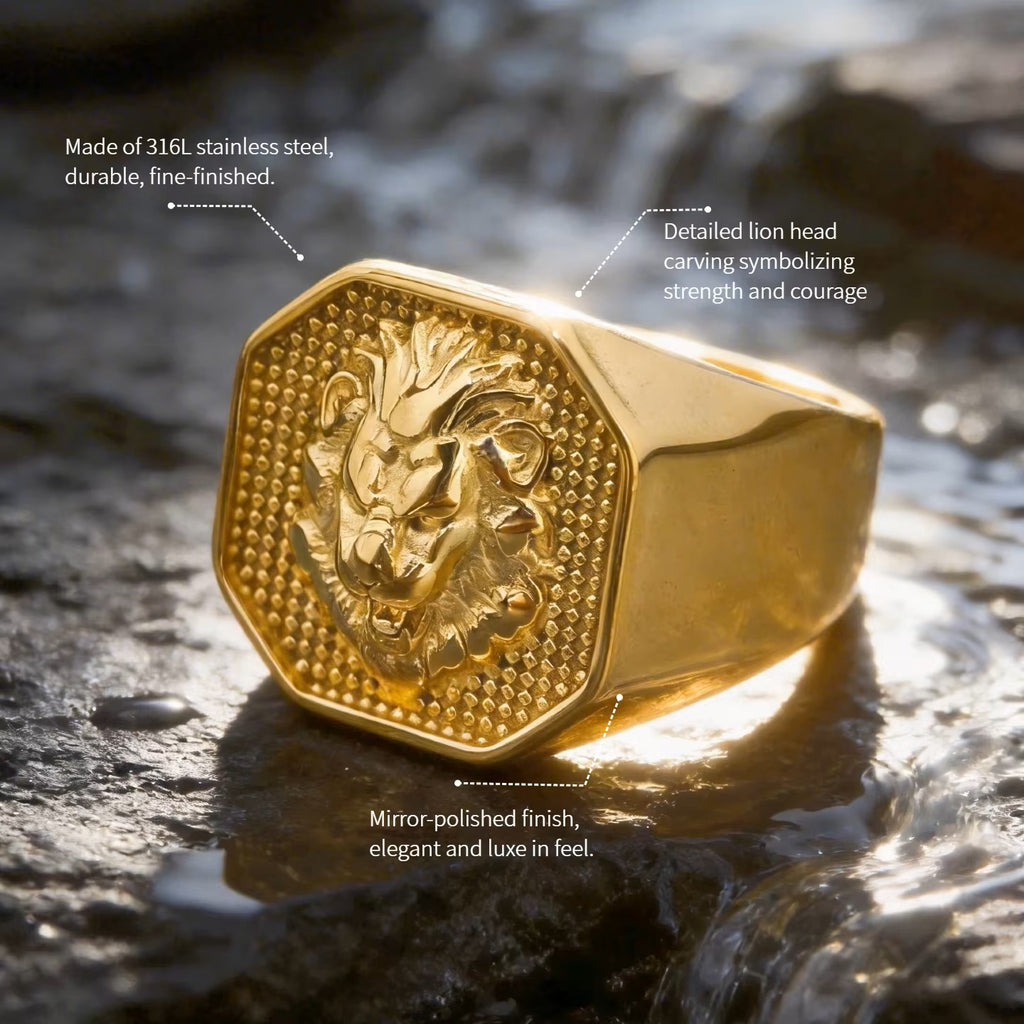 Mens Gold Plated 316L Stainless Steel Lion Head Waterproof Hypoallergenic Ring