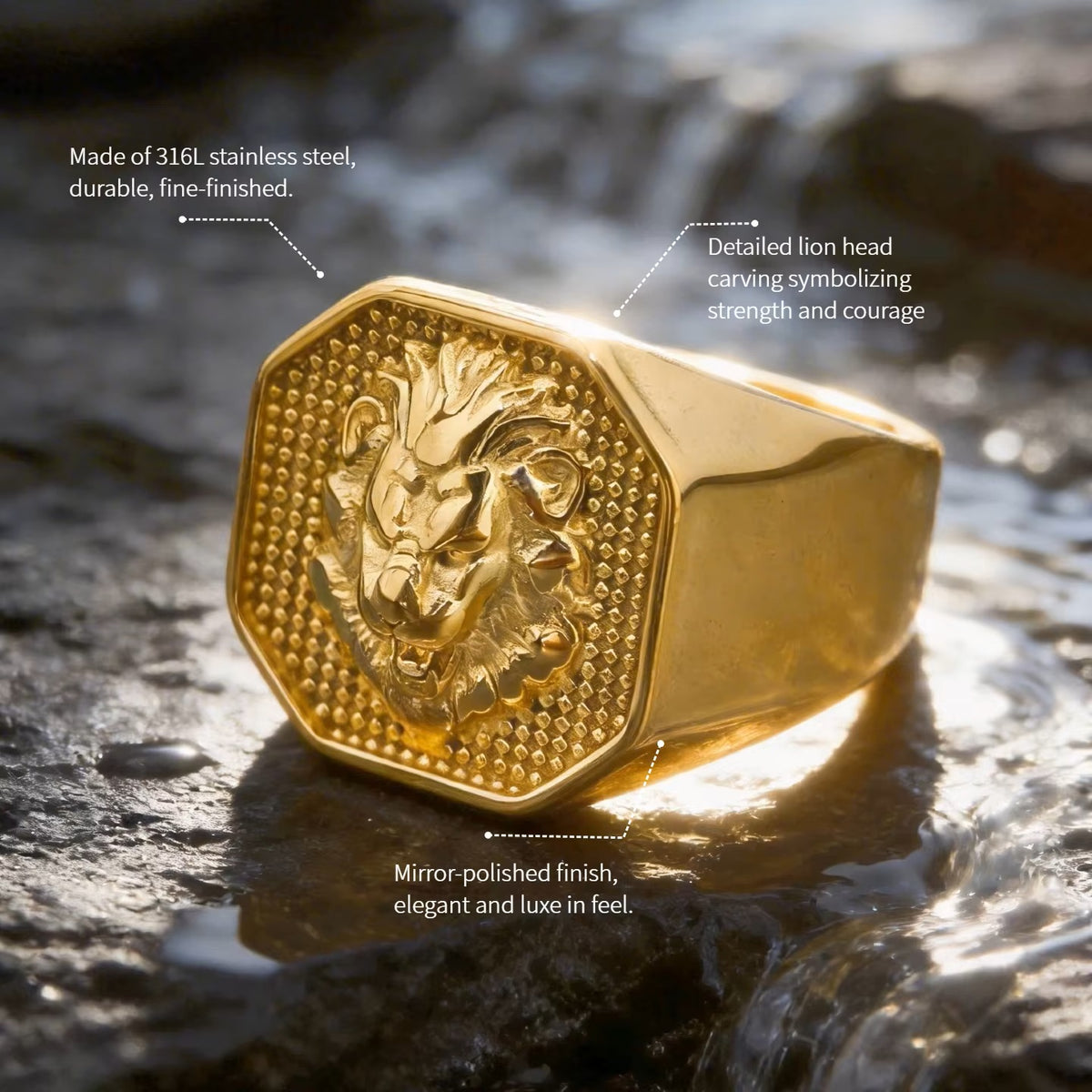 Mens Gold Plated 316L Stainless Steel Lion Head Waterproof Hypoallergenic Ring