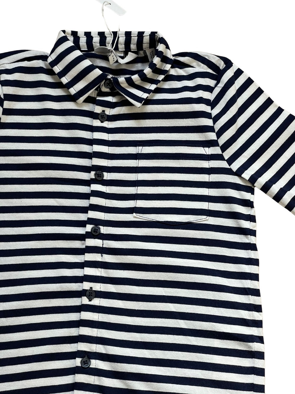Boys White & Navy Stripe Cotton Collared Button Down T-Shirt