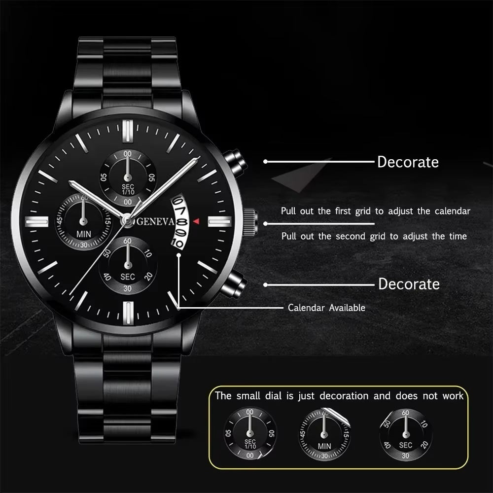 Mens Geneva Black Silver Stainless Steel Quartz Dial Analog Calendar Wrist Watch