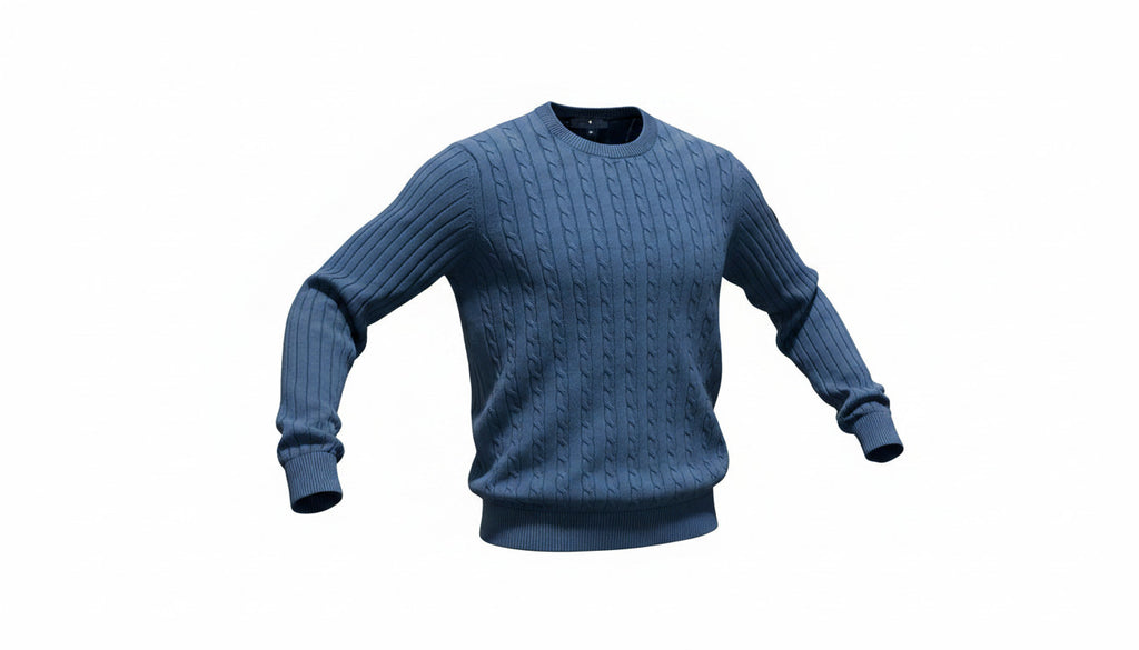 Mens Blue Ribbed Crew Neck Cotton Rich Knit Longsleeve Jumper
