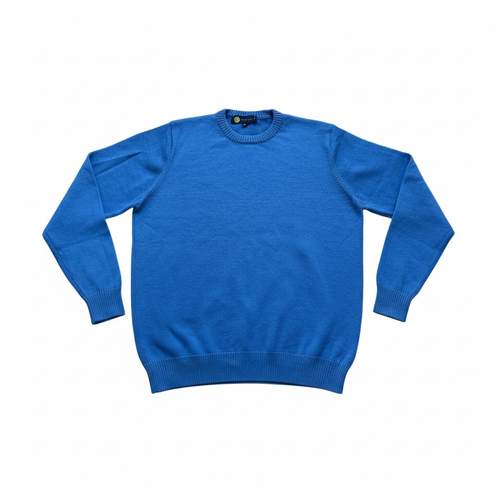 Men’s Blue Wool Blend Crew Neck Soft Knit Long Sleeve Smart Jumper