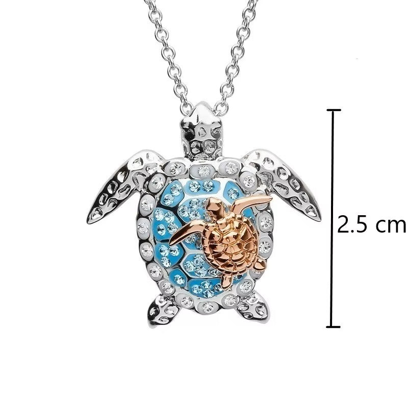 Ladies Silver Mother Gold Baby Sea Turtle Crystal Pendant Chain Necklace