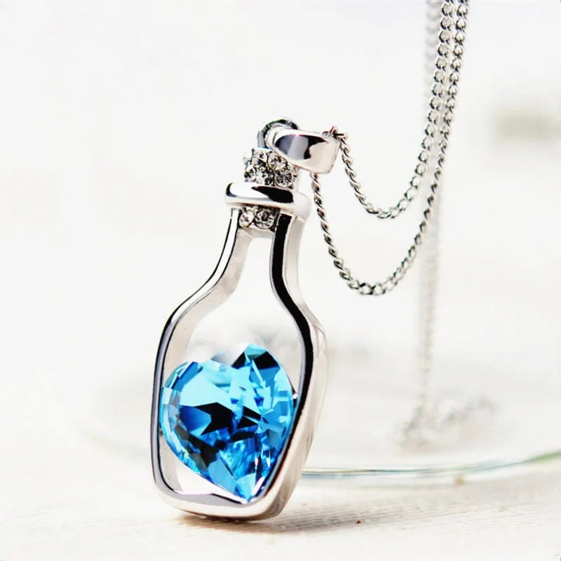 Ladies Silver Pink Blue Heart Crystal Drift Bottle Pendant Link Chain Necklaces
