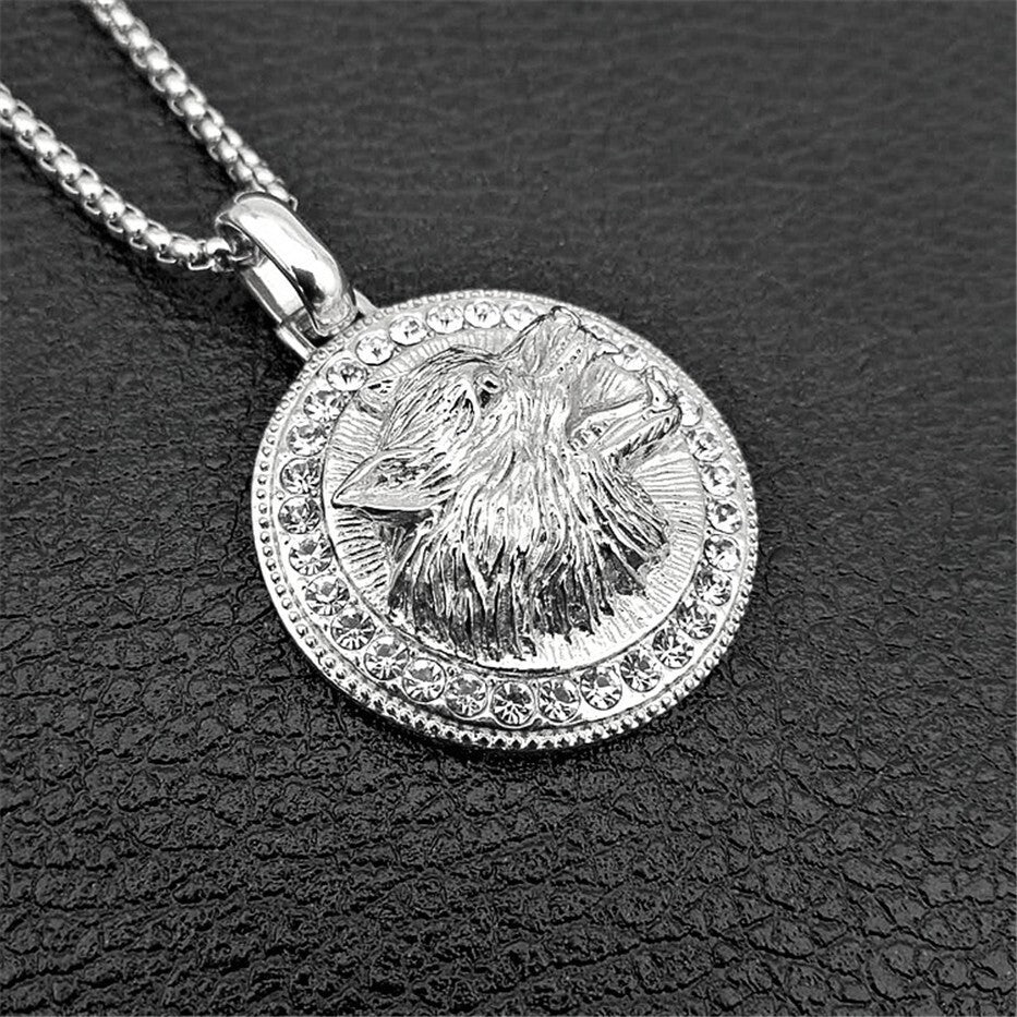 Mens Unisex Silver Roaring Wolf Head Crystals Solid Pendant Braid chain Necklace
