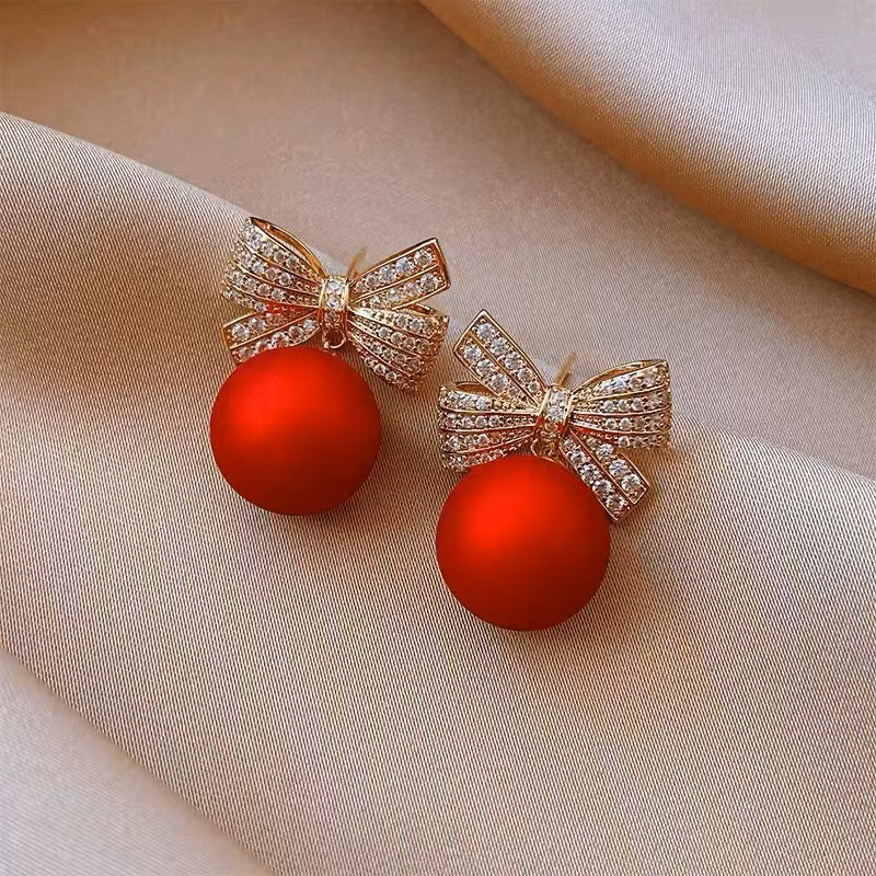 Ladies Stunning Red Ball Bow Knot Crystal Drop Womens Stud Hook Earrings
