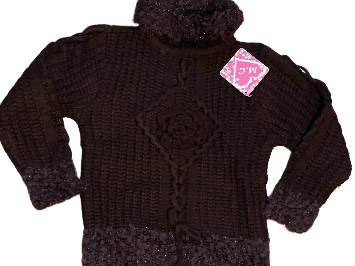 Girls Brown Cable Knit Beaded Ribbed Roll Up Frills Metallic Hem Jumpers