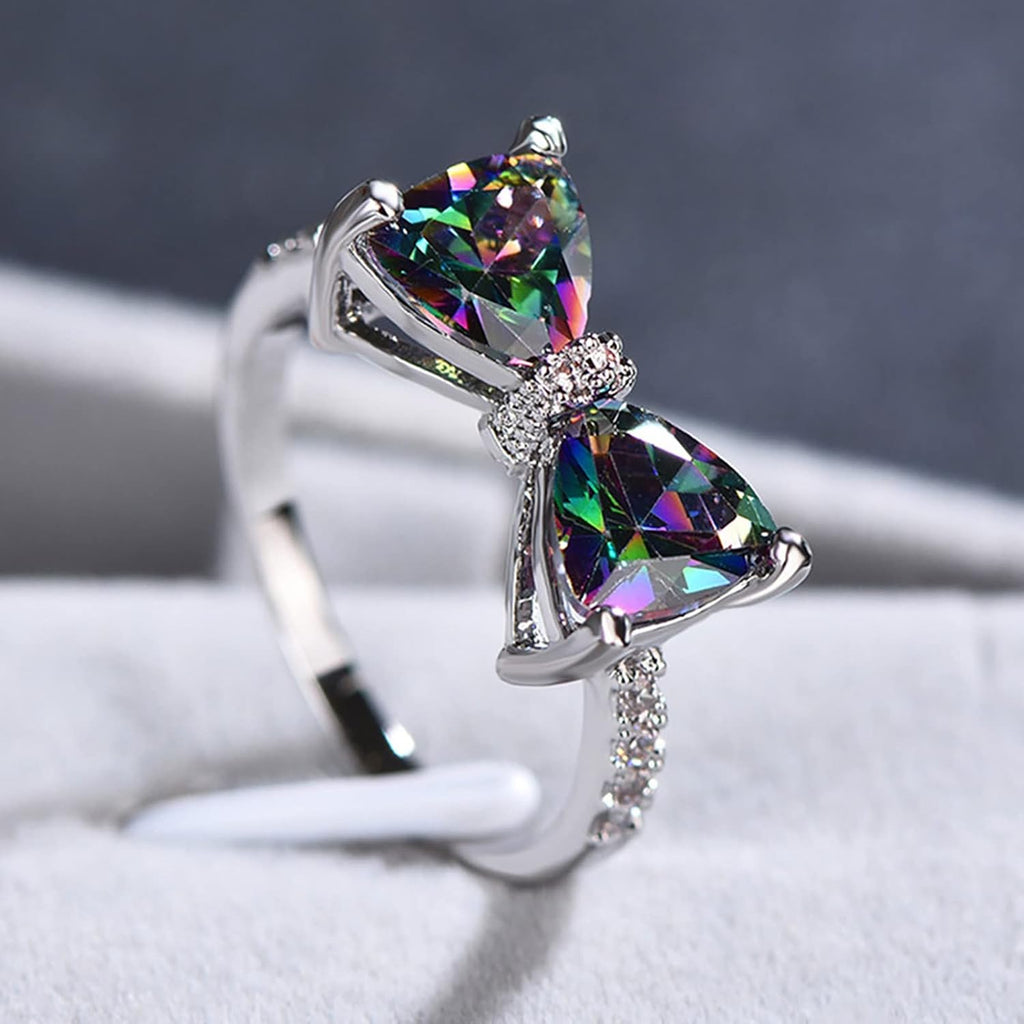 Ladies Sterling Silver Plated Sparkling Multi Color Diamond Cut Crystal Bow Ring