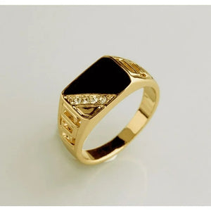 Men Gold Plated Geometric Rectangle Enamel Crystal CutOut Side Signet Gents Ring