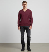 Load image into Gallery viewer, Mens Burgundy Soft Knitted Cotton Rich V-Neck Ribbed Long Sleeve Jumper
