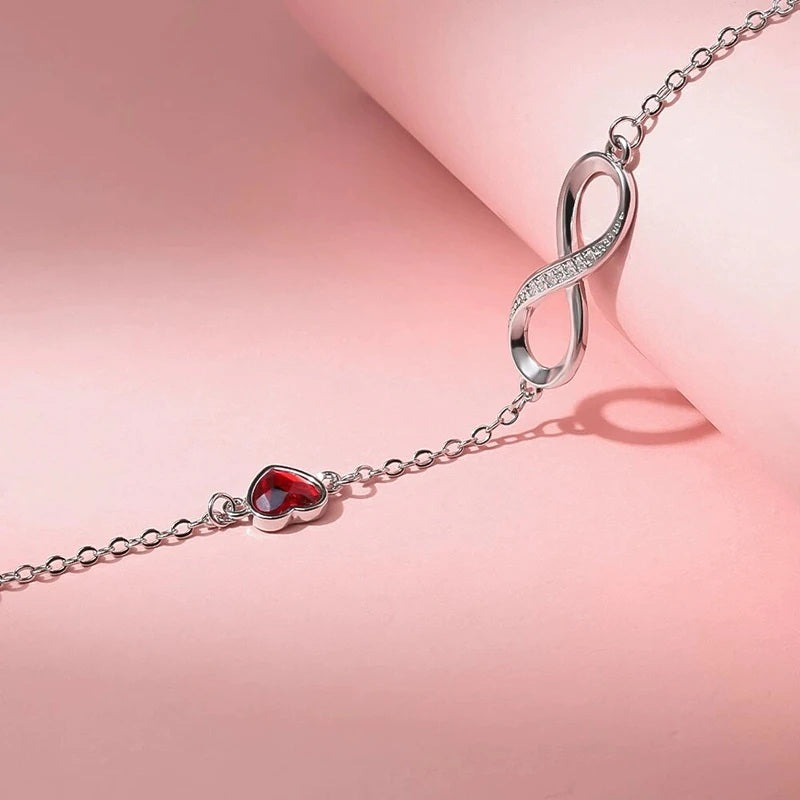 Ladies Silver Red Heart Shaped Crystal Infinity Link Chain Bracelet
