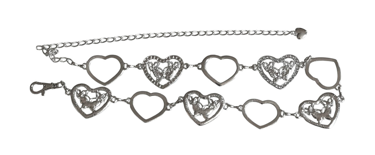 Ladies Silver Chain Crystal Heart Cutout Butterfly Adjustable Waistband Belts