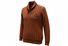 Load image into Gallery viewer, Mens Burnt Orange Black Trim Ribbed Shawl Collar Cable Knit Longsleeve Jumper
