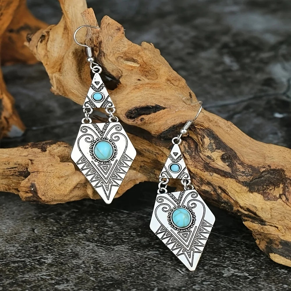 Ladies Silver Vintage Style Turquoise Middle Bead Triangle Hook Earrings