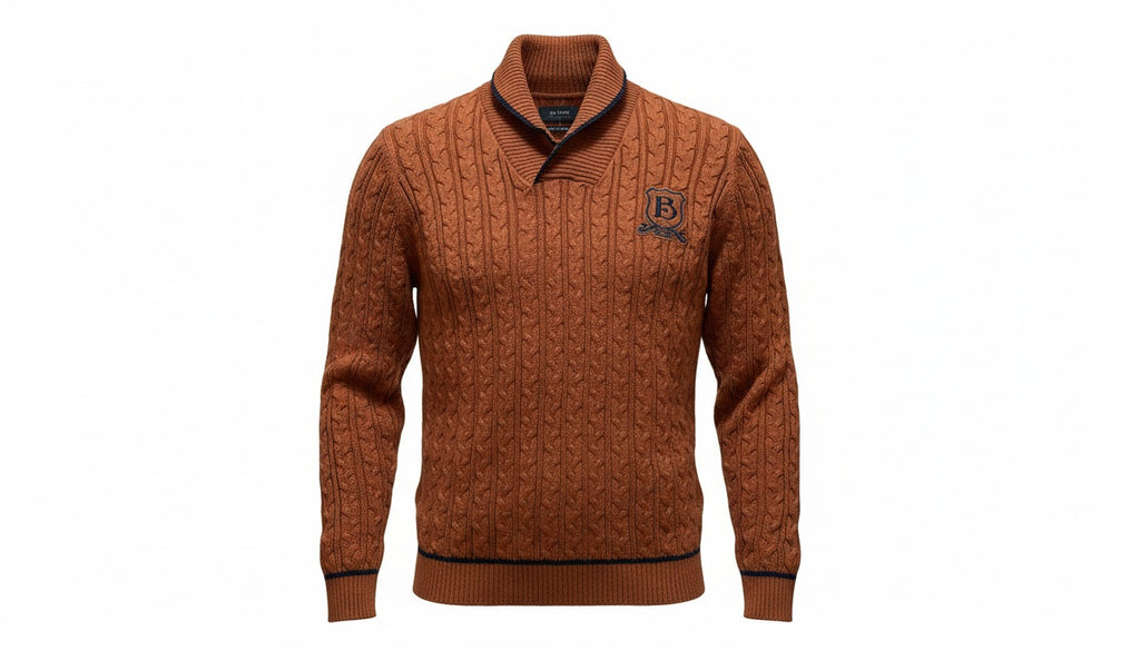 Mens Burnt Orange Black Trim Ribbed Shawl Collar Cable Knit Longsleeve Jumper