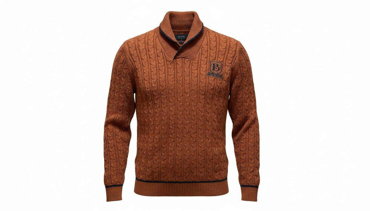 Mens Burnt Orange Black Trim Ribbed Shawl Collar Cable Knit Longsleeve Jumper