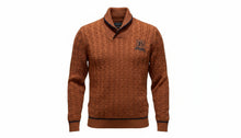 Load image into Gallery viewer, Mens Burnt Orange Black Trim Ribbed Shawl Collar Cable Knit Longsleeve Jumper
