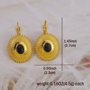 Ladies Gold Plated Round Patterned Blue Lapis Lazuli Leverback Earrings