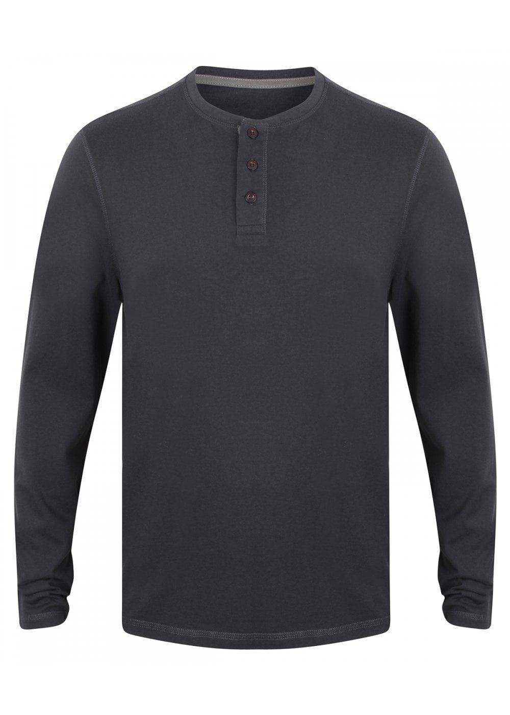Mens Washed Long Sleeve Soft Touch 3 Button Cotton Jersey T-shirt