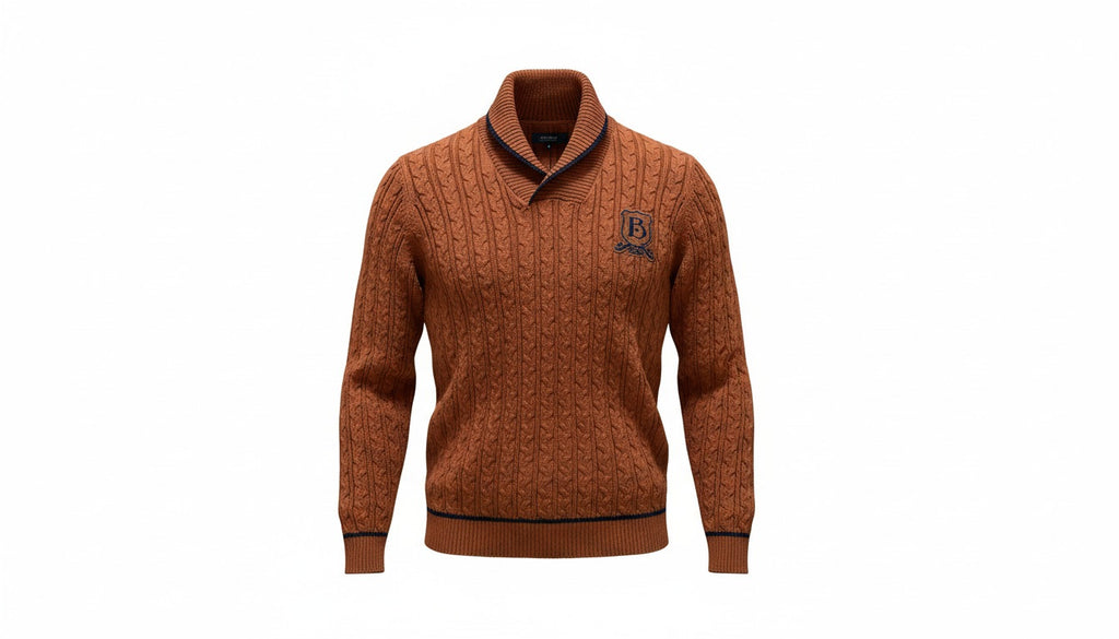 Mens Burnt Orange Black Trim Ribbed Shawl Collar Cable Knit Longsleeve Jumper