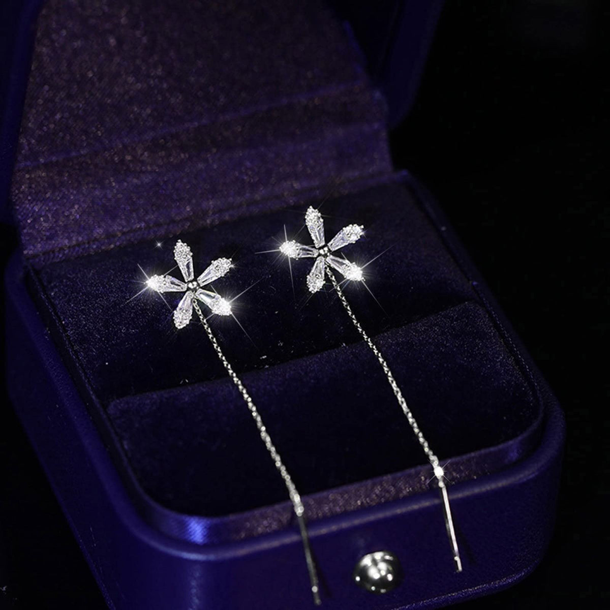 Ladies Silver Shiny Flower Rhinestone Ear Clip Thin Dangle Long Tassels Earrings