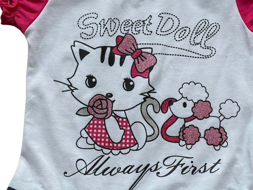 Girls Cerise & White Sweet Doll Print Plus Belt Dress