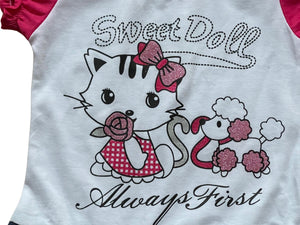 Girls Cerise & White Sweet Doll Print Plus Belt Dress