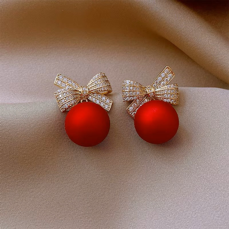 Ladies Stunning Red Ball Bow Knot Crystal Drop Womens Stud Hook Earrings