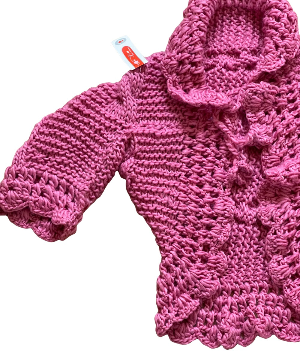 Girls Pink Soft Knitted Front Tie Handmade Crochet Scallop Edges Cardigan
