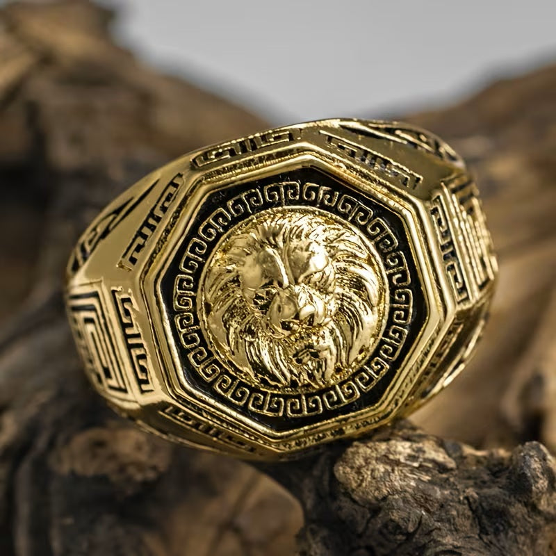 Mens Gold Plated Octagon Lion Head Great Wall Cut Design Stainless Steel Ring