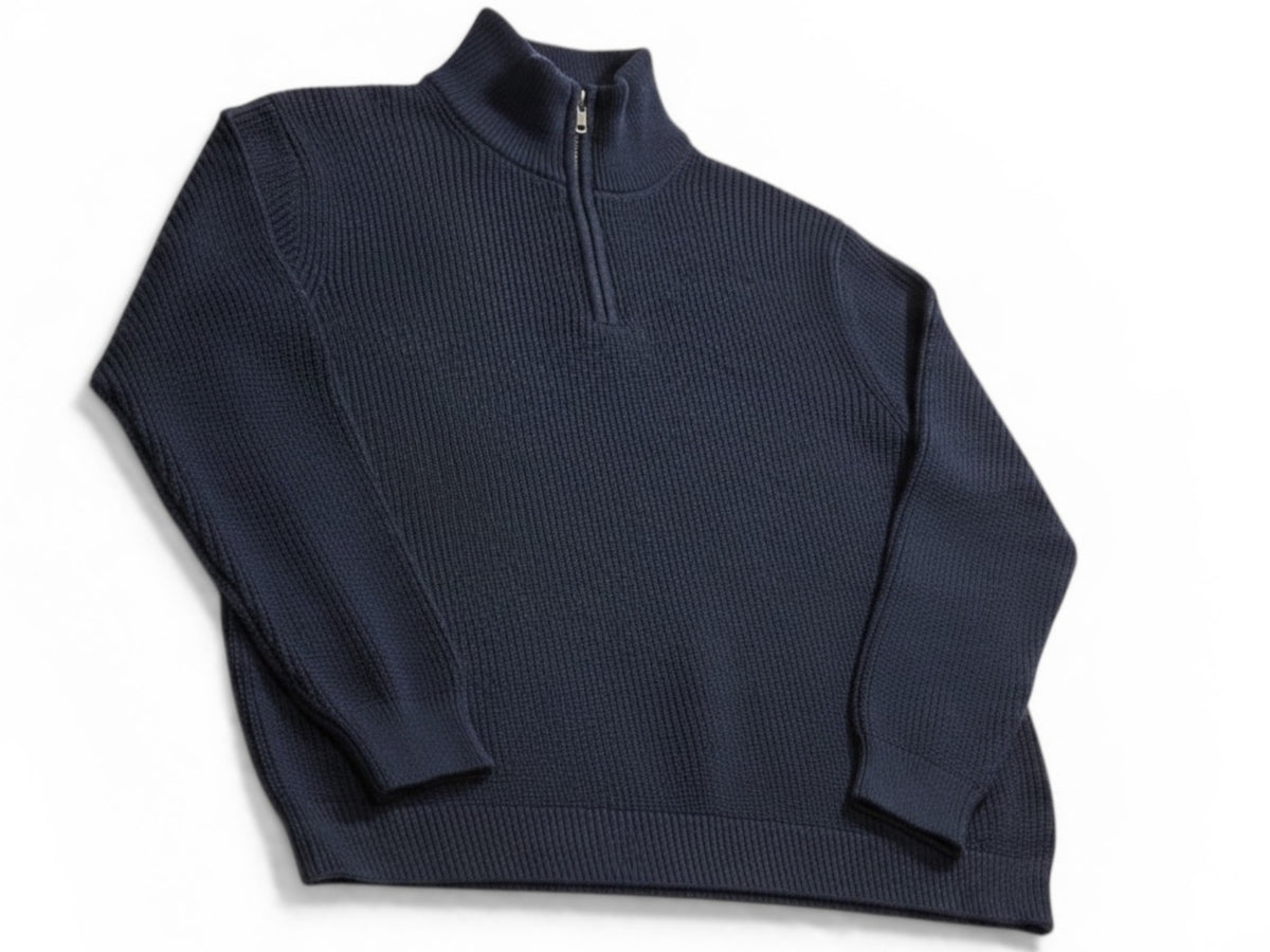 Men's Navy Ribbed Thick Knit High Neck Half Zip Longsleeve Warm Pullover Jumper