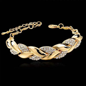 Ladies 18K Gold Plated Braided Leaf Crystal Fashion Bracelet Womens Handchain