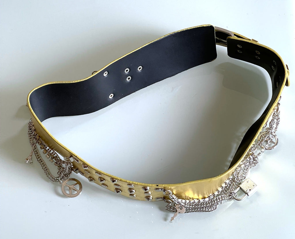 Ladies Gold Classic Wide Faux Leather Metallic Studded & Drop Chain Crystal Belt