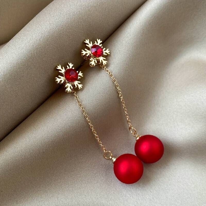 Ladies Sparkling Red Crystal Snowflake Ball Drop Dangle Stud Earrings
