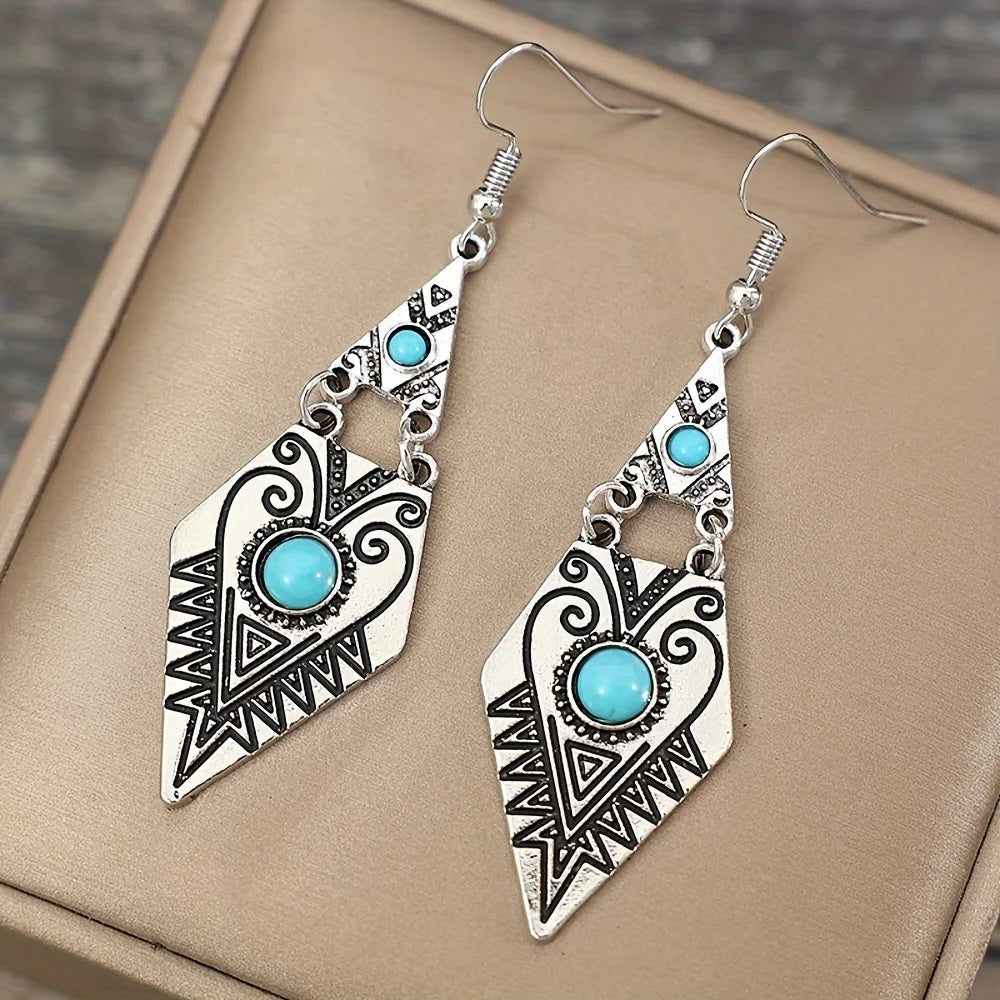Ladies Silver Vintage Style Turquoise Middle Bead Triangle Hook Earrings