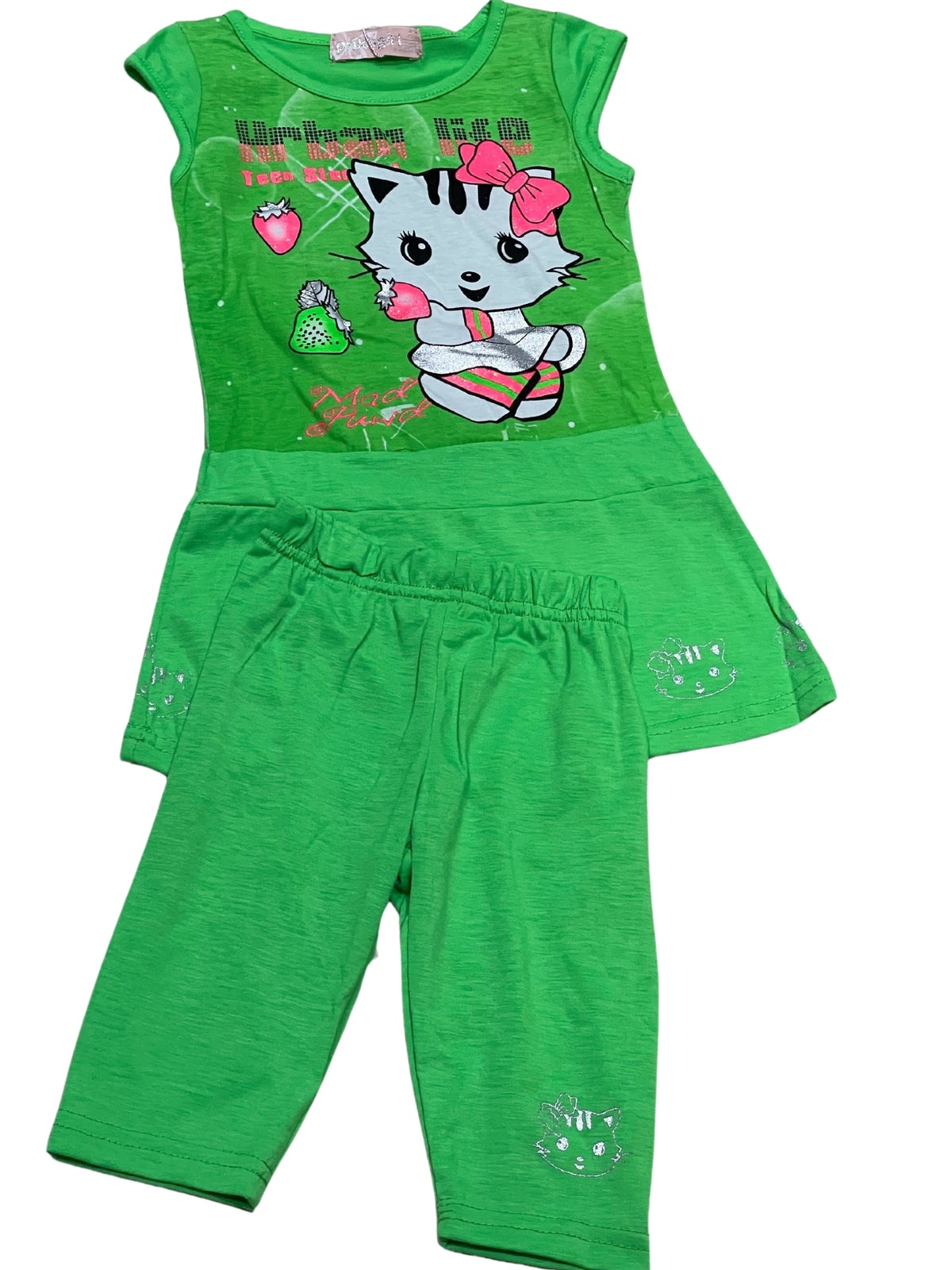 Girls Lime Green Kitty Cap Sleeve Top & Leggings Sets