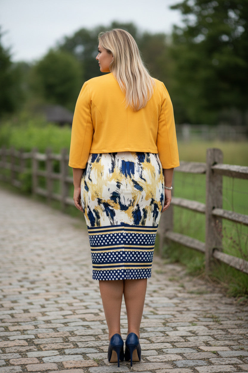 Ladies Yellow & Navy Multi Stripe Geometric Shortsleeve Dress & Jacket 2Pce Set