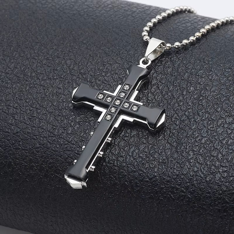 Ladies Mens Unisex Inlaid Crystal Cross Pendant Silver Long Link Chain Necklace