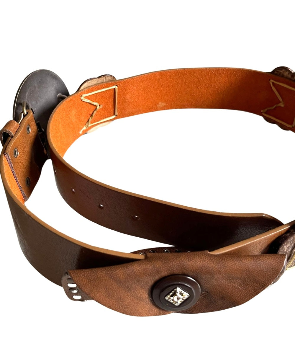 Ladies Brown Faux Leather Round Brass Metal Hook Buckle Plus Money Pouch Belts