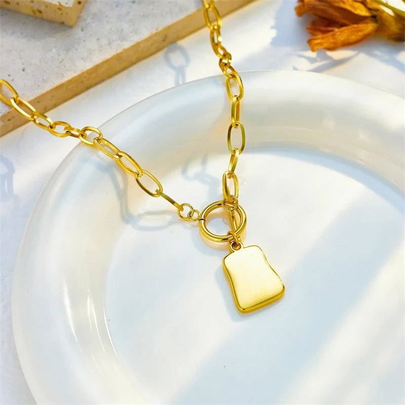 Ladies Gold Plated 316 Stainless Steel Geometric Square Shell Pendant Necklace