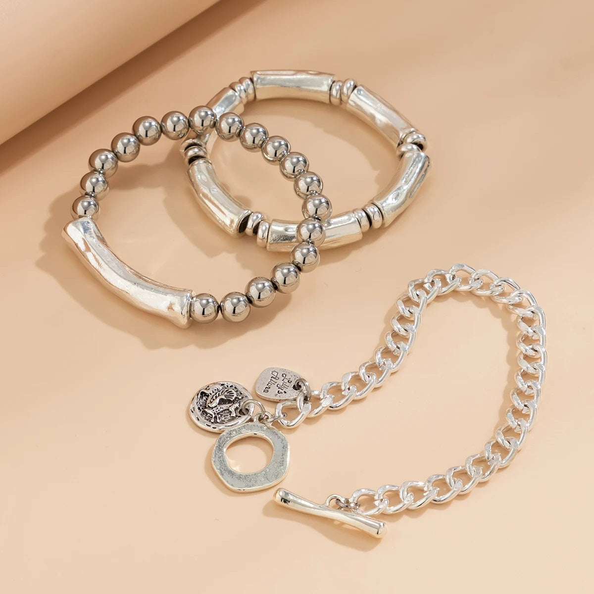 Ladies Silver Plated Chunky Round Charm 3 Set Stackable Handchan Bracelet