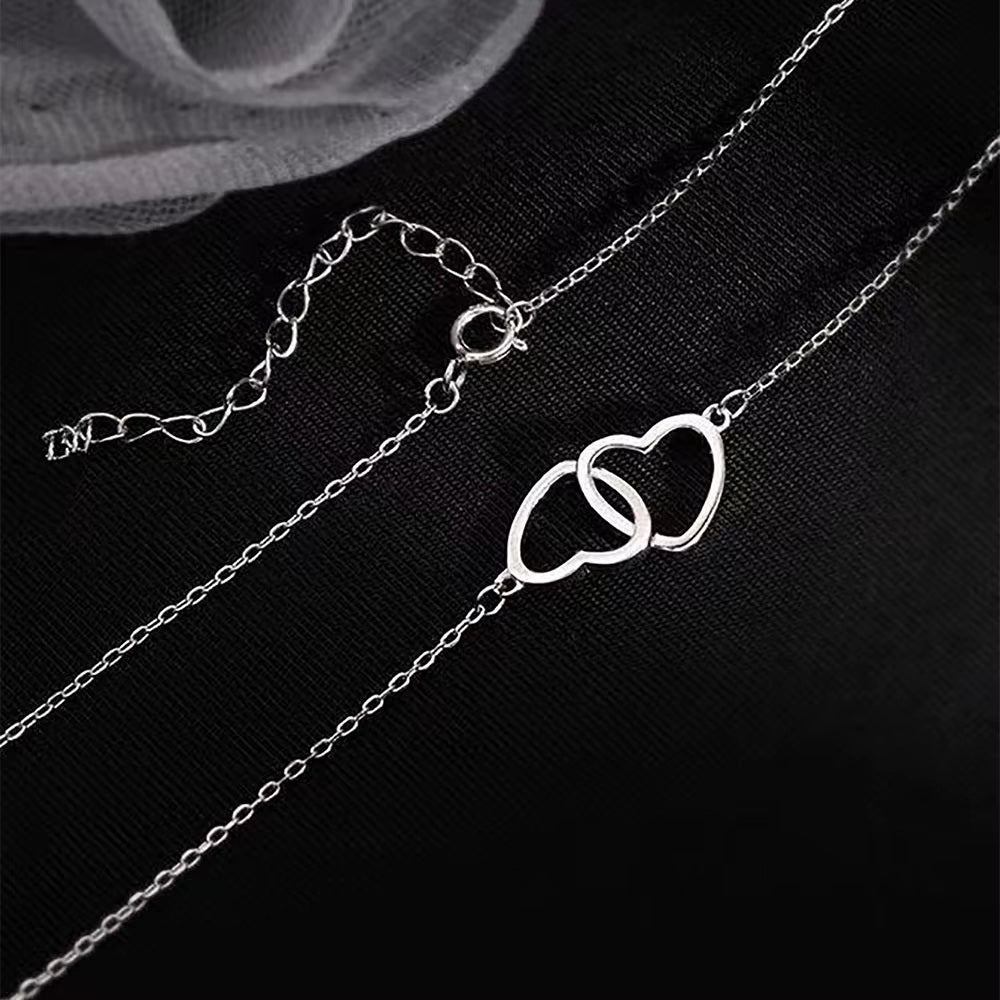 Ladies Silver Chain Cutout Double Heart Choker Stainless Steel Necklace