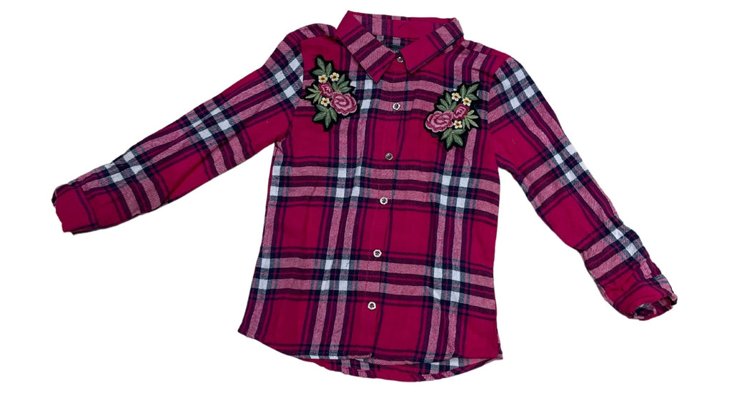 Girls Red Multi Check Soft Flannel Check Roll Up Sleeves