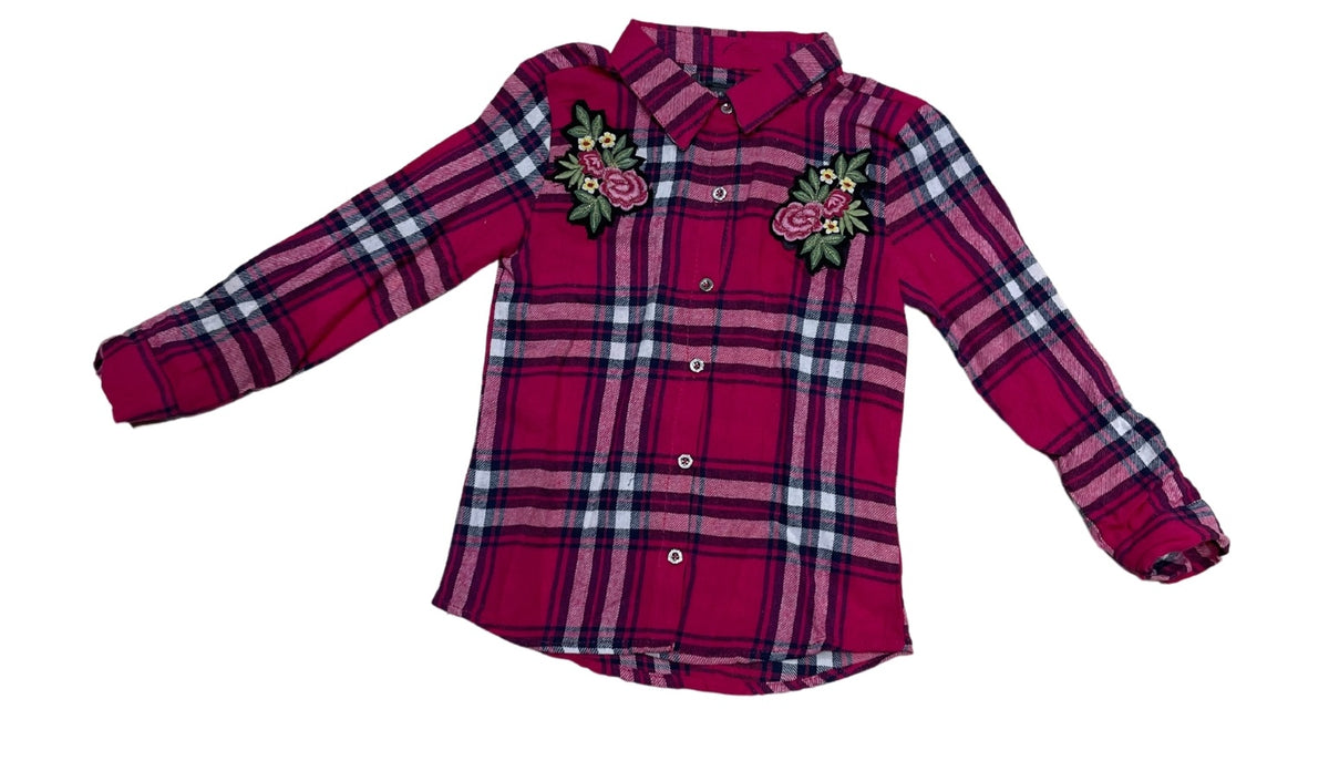 Girls Red Multi Check Soft Flannel Check Roll Up Sleeves