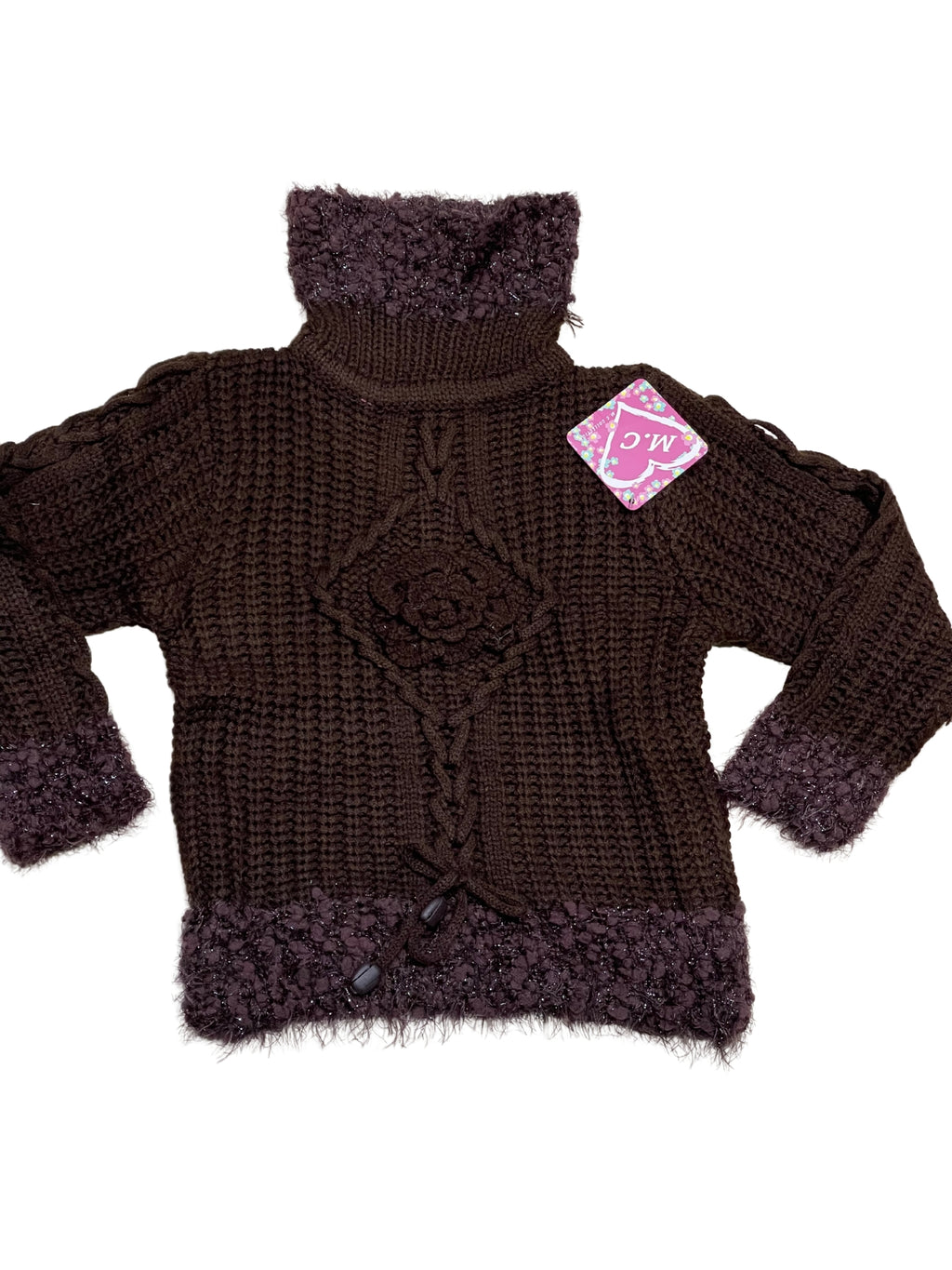 Girls Brown Cable Knit Beaded Ribbed Roll Up Frills Metallic Hem Jumpers