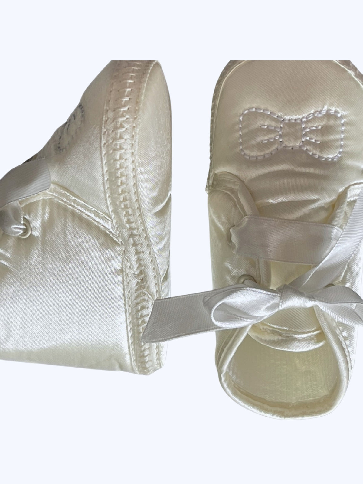 Baby Unisex Ivory Bow Tie Ribbon Christening Baptism Satin Soft Footie Pram Shoe